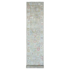 3'x19'10" Green Hand Knotted Afghan Angora Oushak Pure Wool Runner Oriental Rug