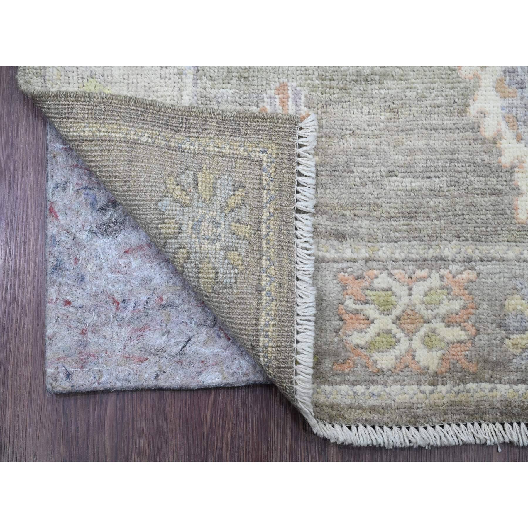 Sage Green, Hand Knotted, Afghan Angora Oushak with All Over Leaf Design, Veggie Dyes, Pure Wool, XL Runner, Oriental Rug
Primary materials: Wool
Latex: No Pile 
height: 0.25 Inches
Style: Transitional
Primary color: Green
Secondary colors: Ivory,