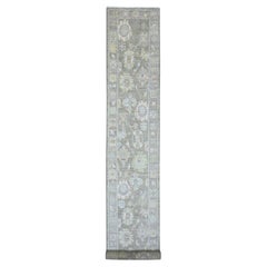 3'x19'10" Verde Salvia Anudada a Mano Alfombra Corredera XL de Angora Afgana Oushak Lana Pura