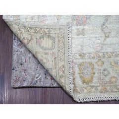 3'x19'2" Light Blue Hand Knotted Angora Oushak Leaf Design Pure Wool Runner Rug