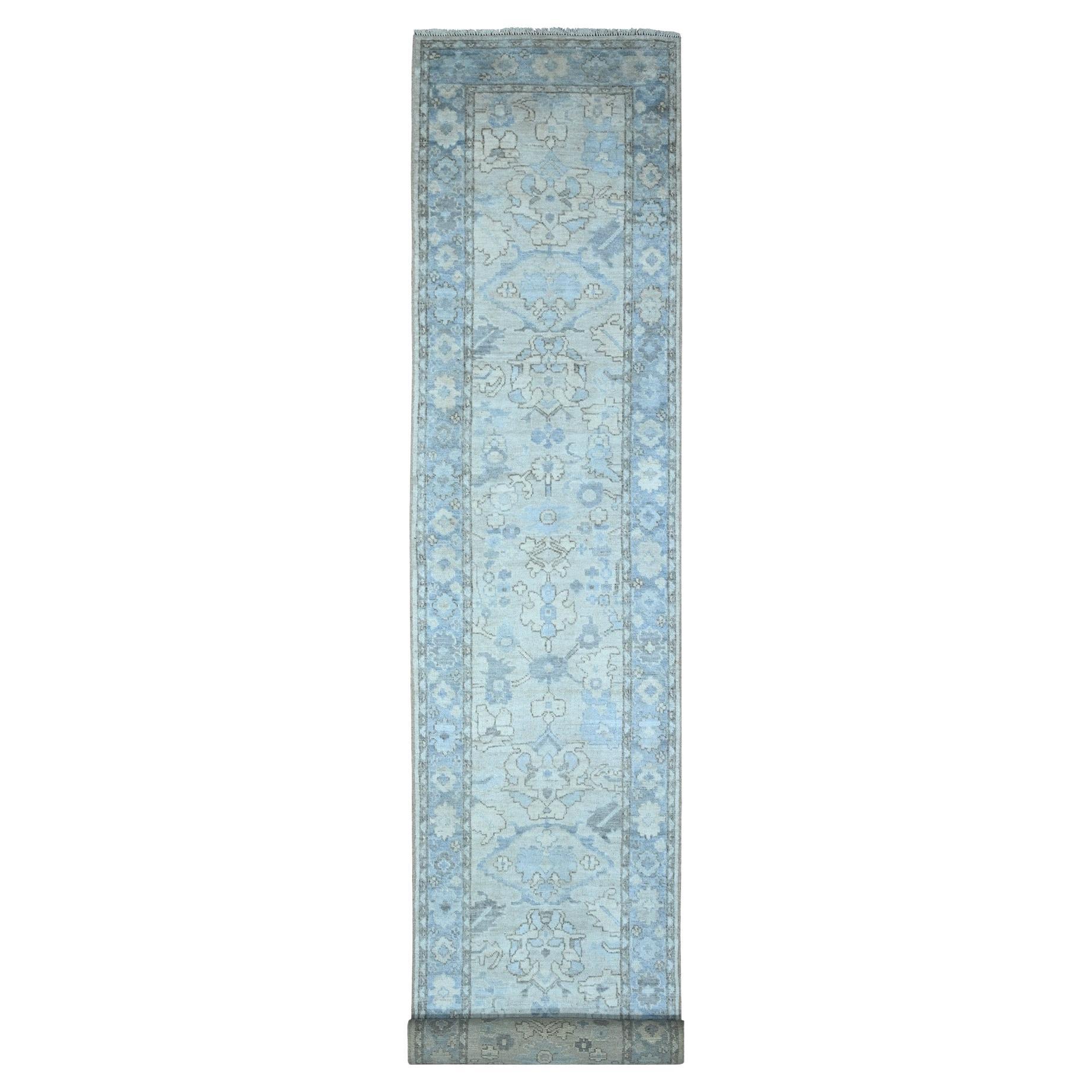 Tappeto orientale 3'x19'5" Powder Blue Afghan Wool Weft Angora Oushak XL Runner