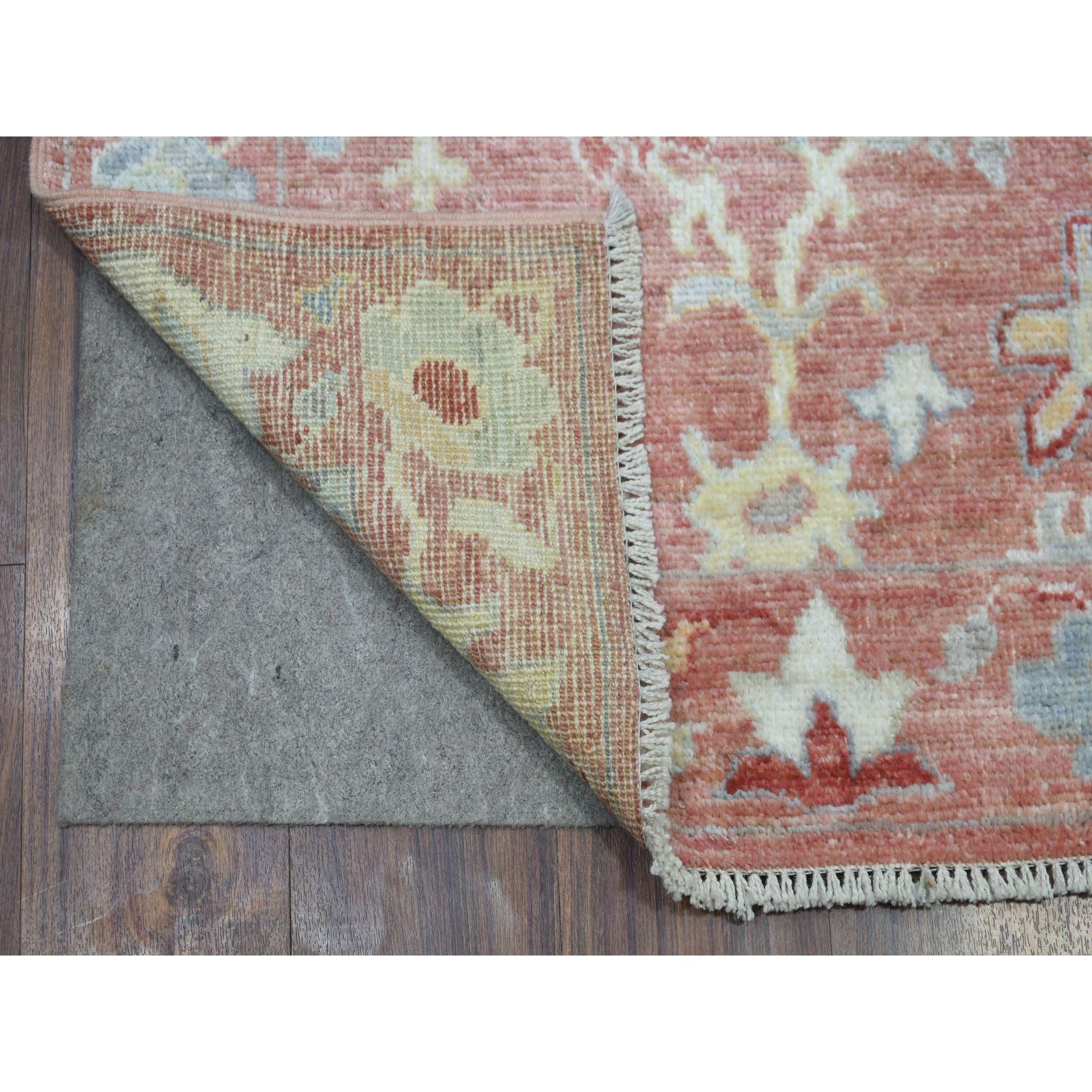 This is a truly genuine one-of-a-kind Coral Pink Hand Knotted Angora Oushak with All Over Leaf Design Pure Wool Oriental XL Runner Rug. It has been Knotted for months and months in the centuries-old weaving craftsmanship techniques by expert