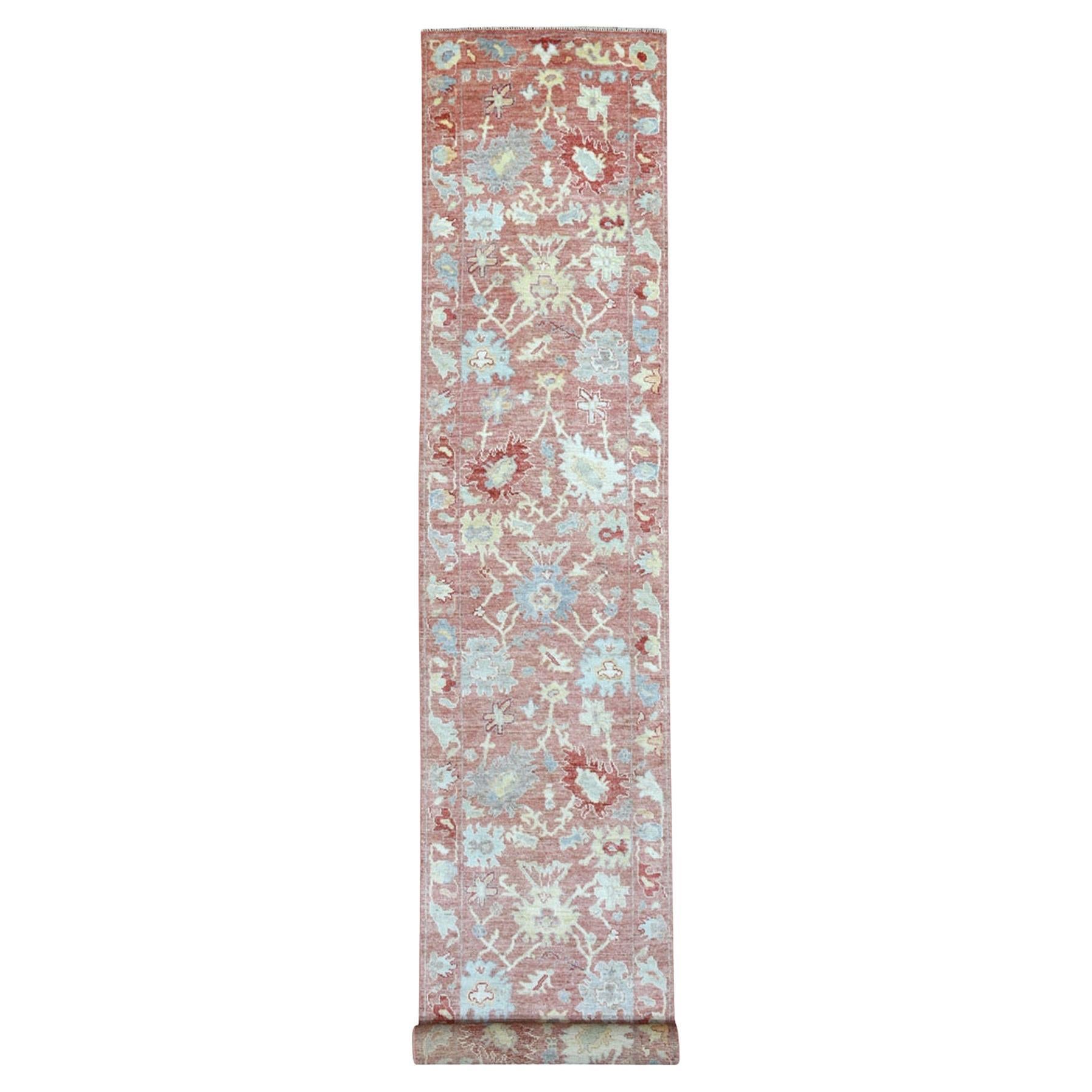 3'x19'9" Coral Pink Hand Knotted Angora Oushak Pure Wool Oriental XL Runner Rug