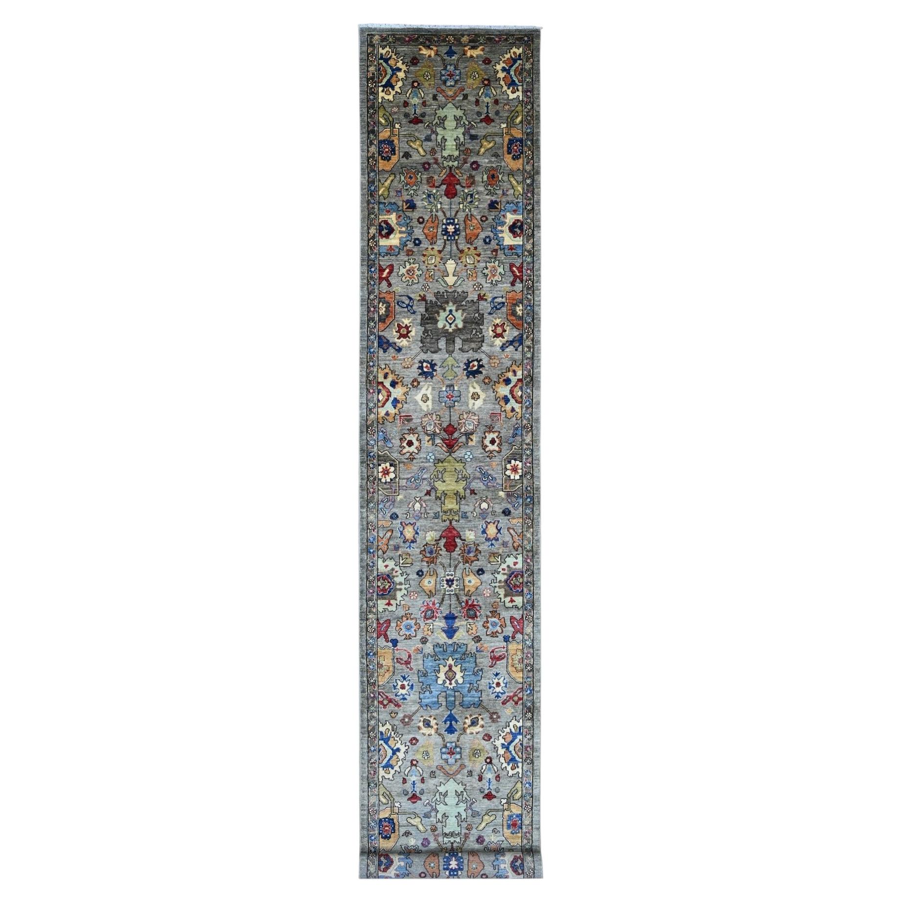 3'x19'9" Gray Peshawar with Heriz All Over Design Hand Knotted Wool Runner Rug