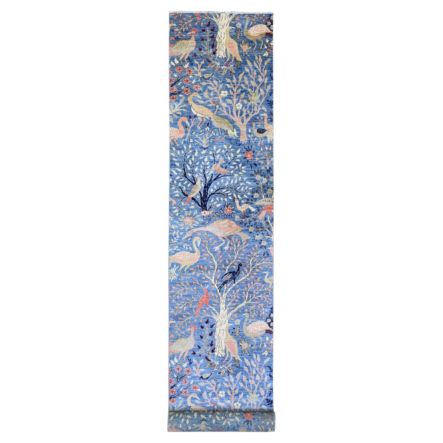 3'x21'3" Azul Peshawar Alfombra de Lana Anudada a Mano con Diseño de Aves del Paraíso