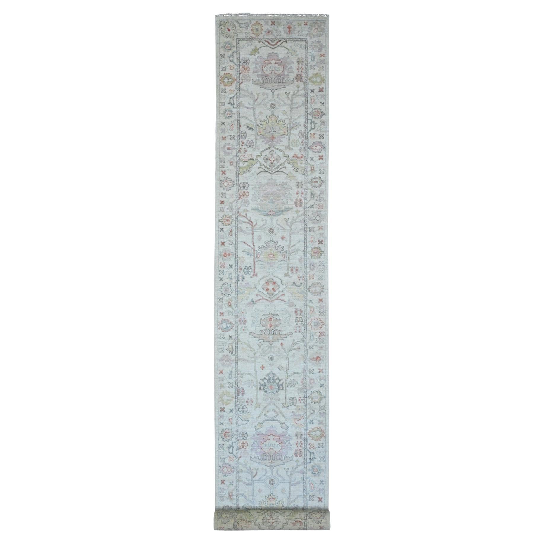 Tappeto Runner in lana annodato a mano 3'x22'5" Bianco Afghano Angora Oushak Leaf Design