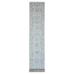3'x22'5" White Afghan Angora Oushak Leaf Design Hand Knotted Wool Runner Rug