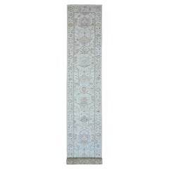 Alfombra de Lana Anudada a Mano con Diseño de Hojas de Angora Oushak Afgana Blanca 3'x22'5