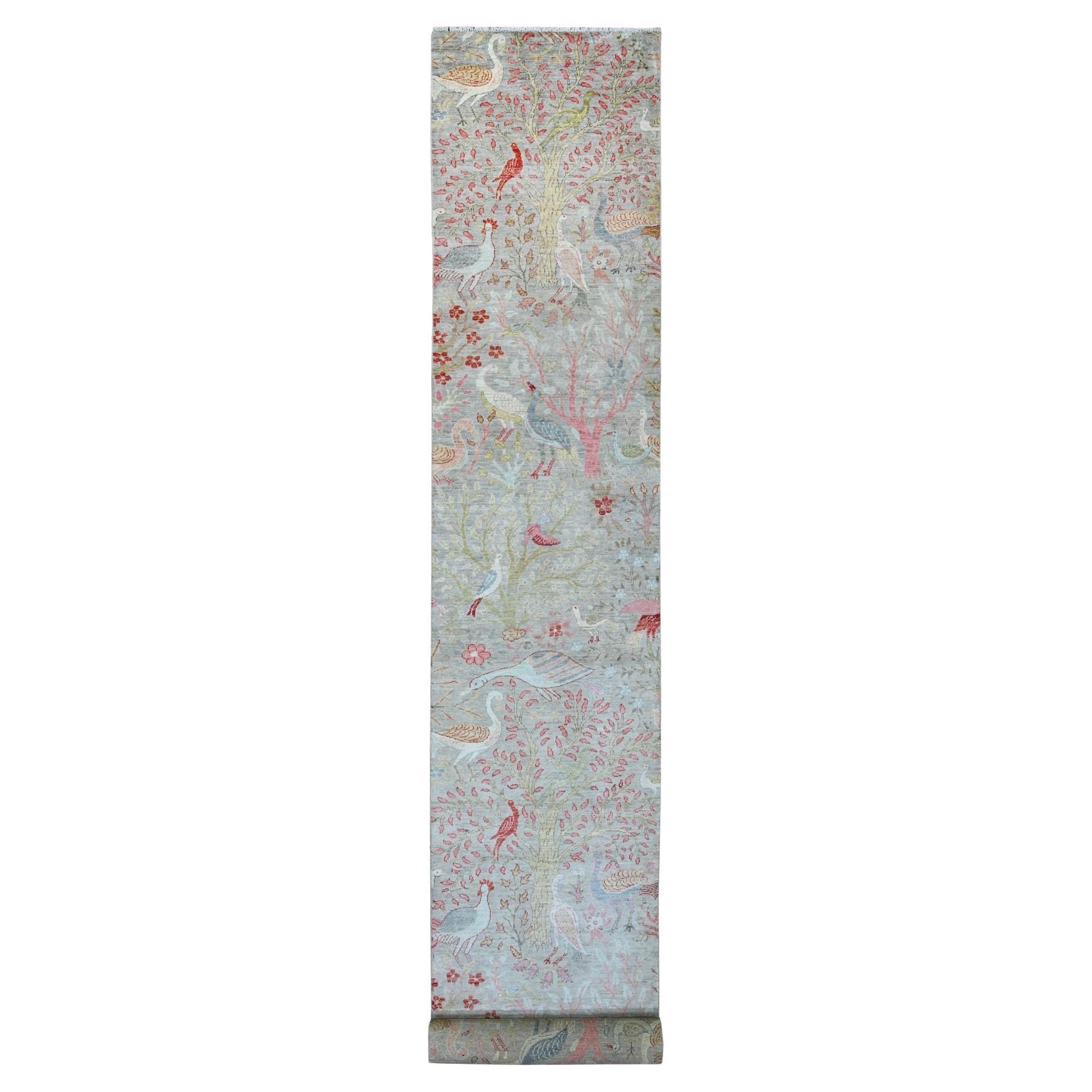 3'x23'10" Brown Peshawar Birds of Paradise Design Wool Hand Knotted Runner Rug For Sale