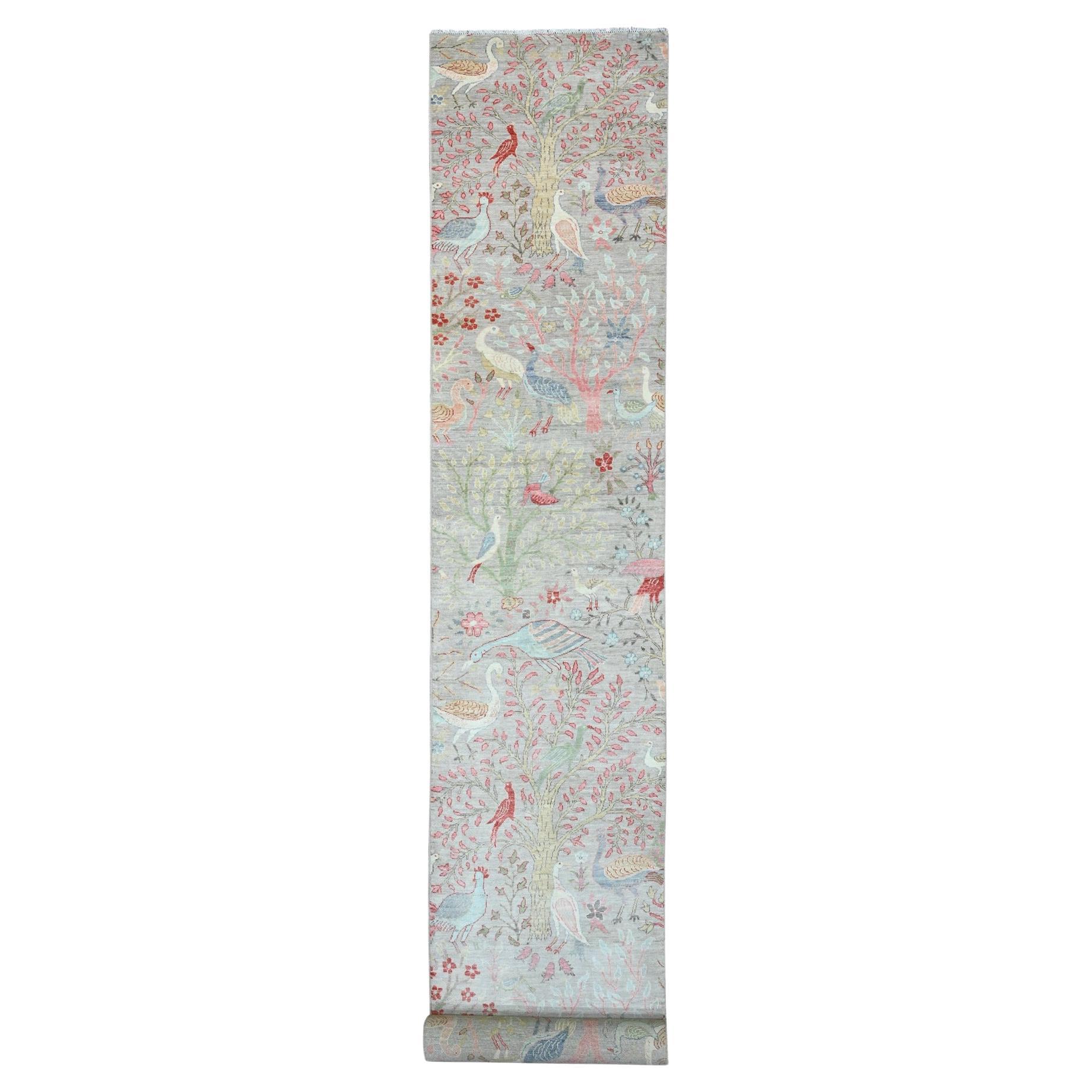 3'x24' Gray Hand Knotted Peshawar Birds of Paradise Design Soft Wool Runner Rug
