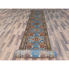 3'x24'5" Denim Blue, Pure Wool Hand Knotted, Afghan Super Kazak XL Runner Rug