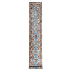 3'x24'5" Azul Denim, pura lana anudada a mano, alfombra afgana de Super Kazak XL