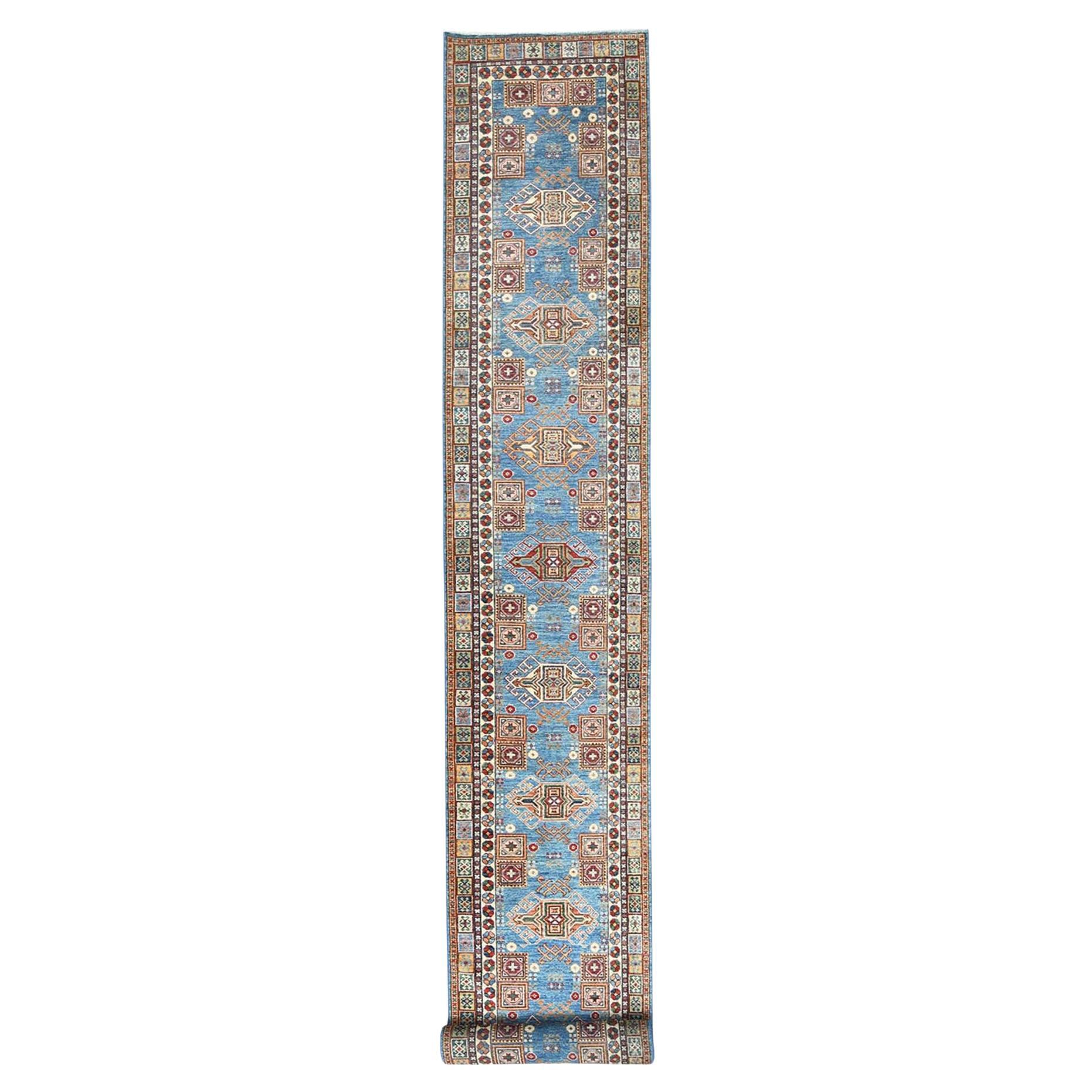 3'x24'5" Blu Denim, Tappeto afgano Super Kazak XL, pura lana annodata a mano