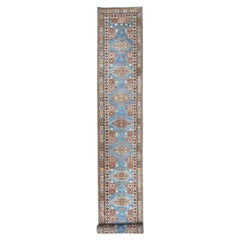 3'x24'5" Denim Blue, Pure Wool Hand Knotted, Afghan Super Kazak XL Runner Rug