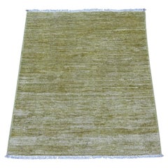 3'x3' Green Plain Solid Pattern Hand Knotted Ghazni Wool Square Mat Rug