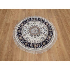 3'x3' Ivory Nain Flower Design 250 KPSI Hand Knotted Wool & Silk Round Rug