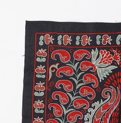 3'x3' Tashkent Embroidered Wall Hanging, Vintage Tablecloth in Black, Green, Red