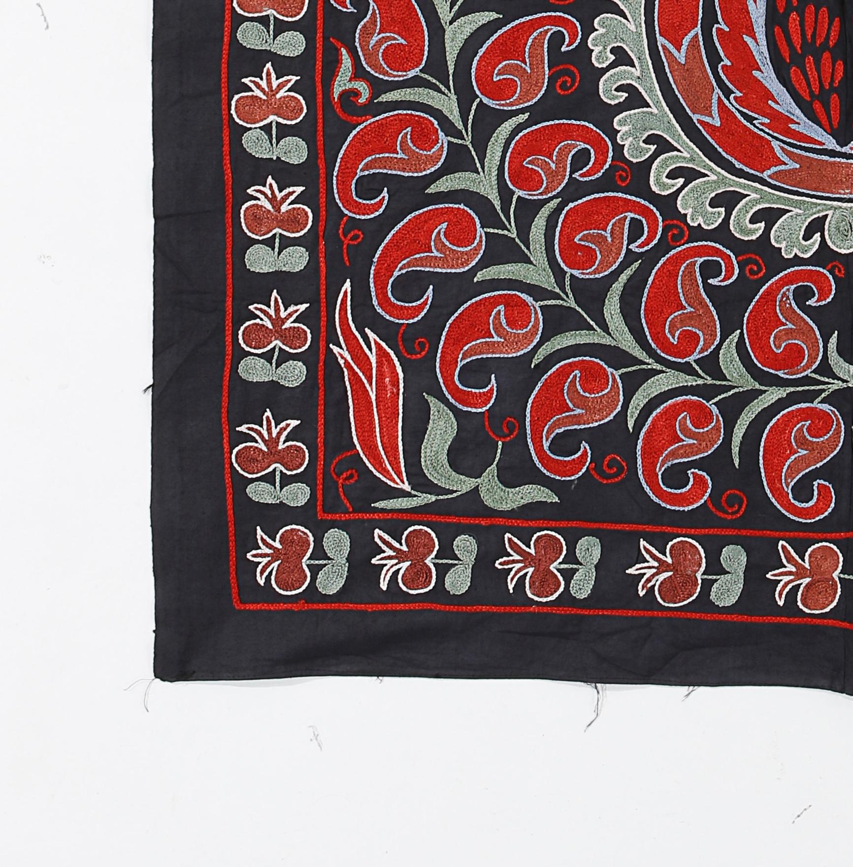 Uzbek 3'x3' Tashkent Embroidered Wall Hanging, Vintage Tablecloth in Black, Green, Red For Sale