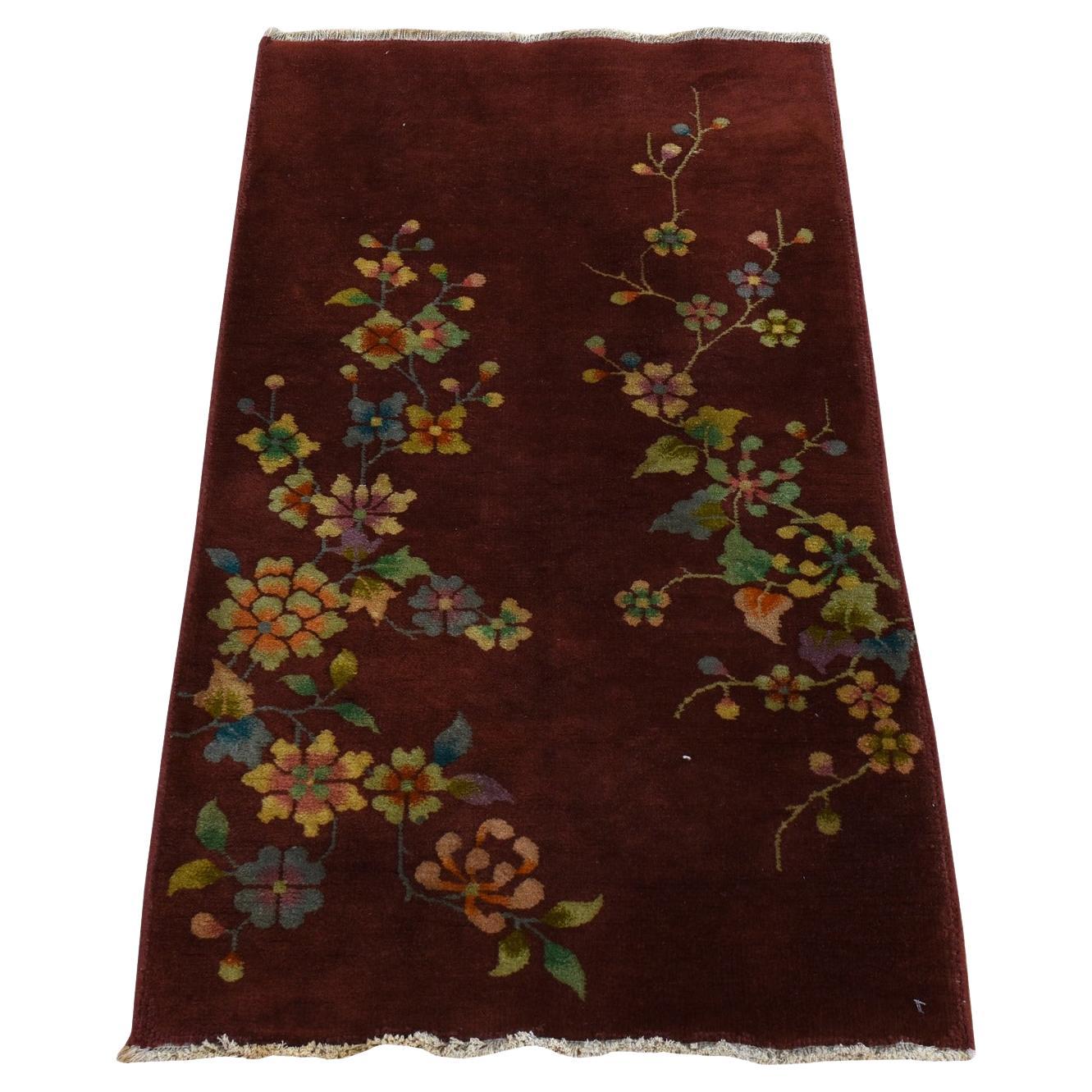 3'x3'10" Alfombra anudada a mano 100% lana con diseño floral Art Decó chino antiguo rojo en venta