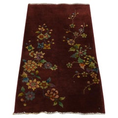 3'x3'10" Roter antiker chinesischer Art-déco-Teppich mit Blumenmuster aus 100 % Wolle, handgeknüpft