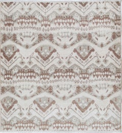 3x3.3 ft Hand Knotted Ivory and Brown Wool Area Rug. Geometric Design Accent Rug