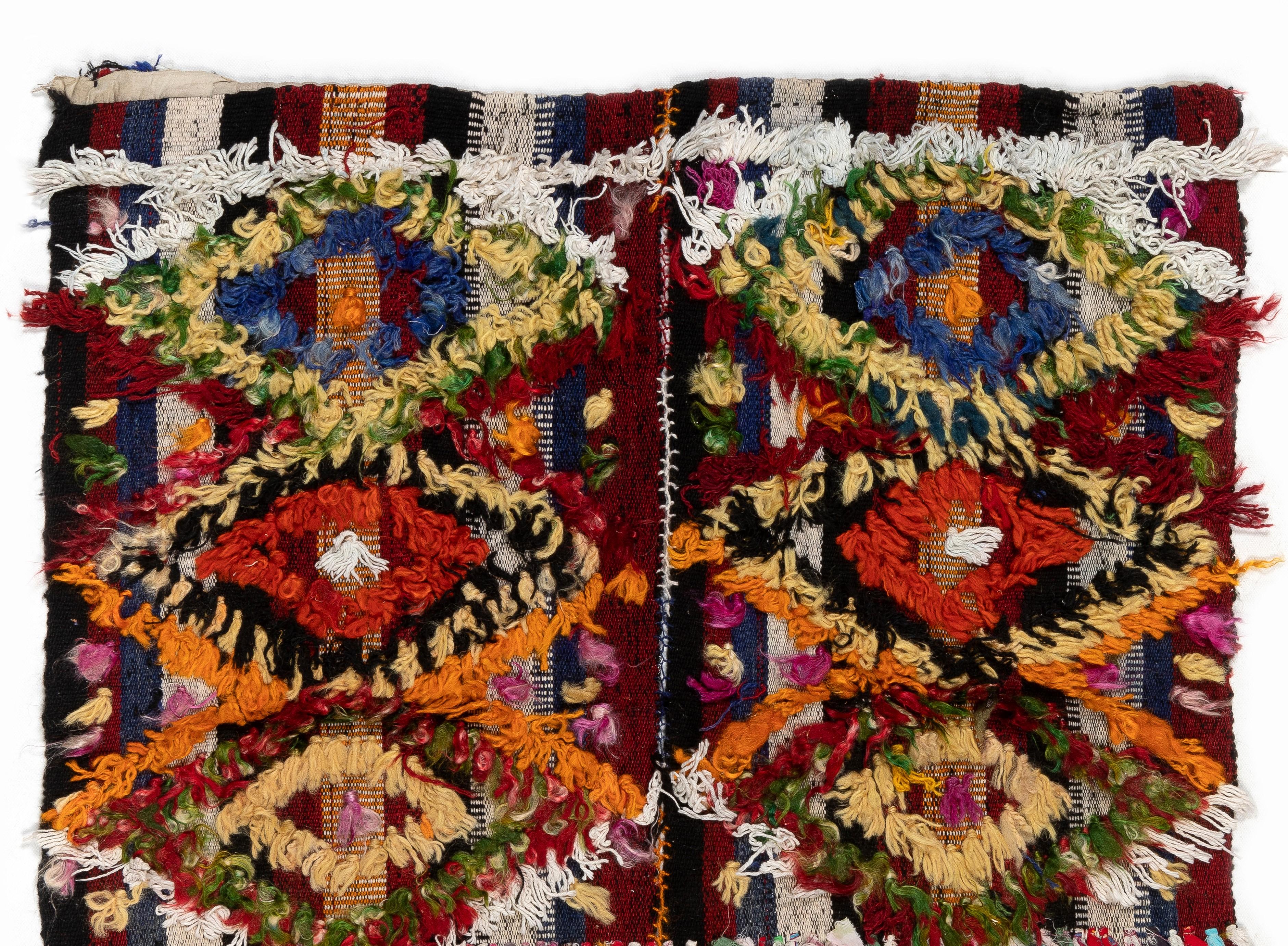 3x3.4 ft Hand-Woven Vintage Anatolian Wall Hanging Kilim with Colorful Poms In Good Condition For Sale In Philadelphia, PA