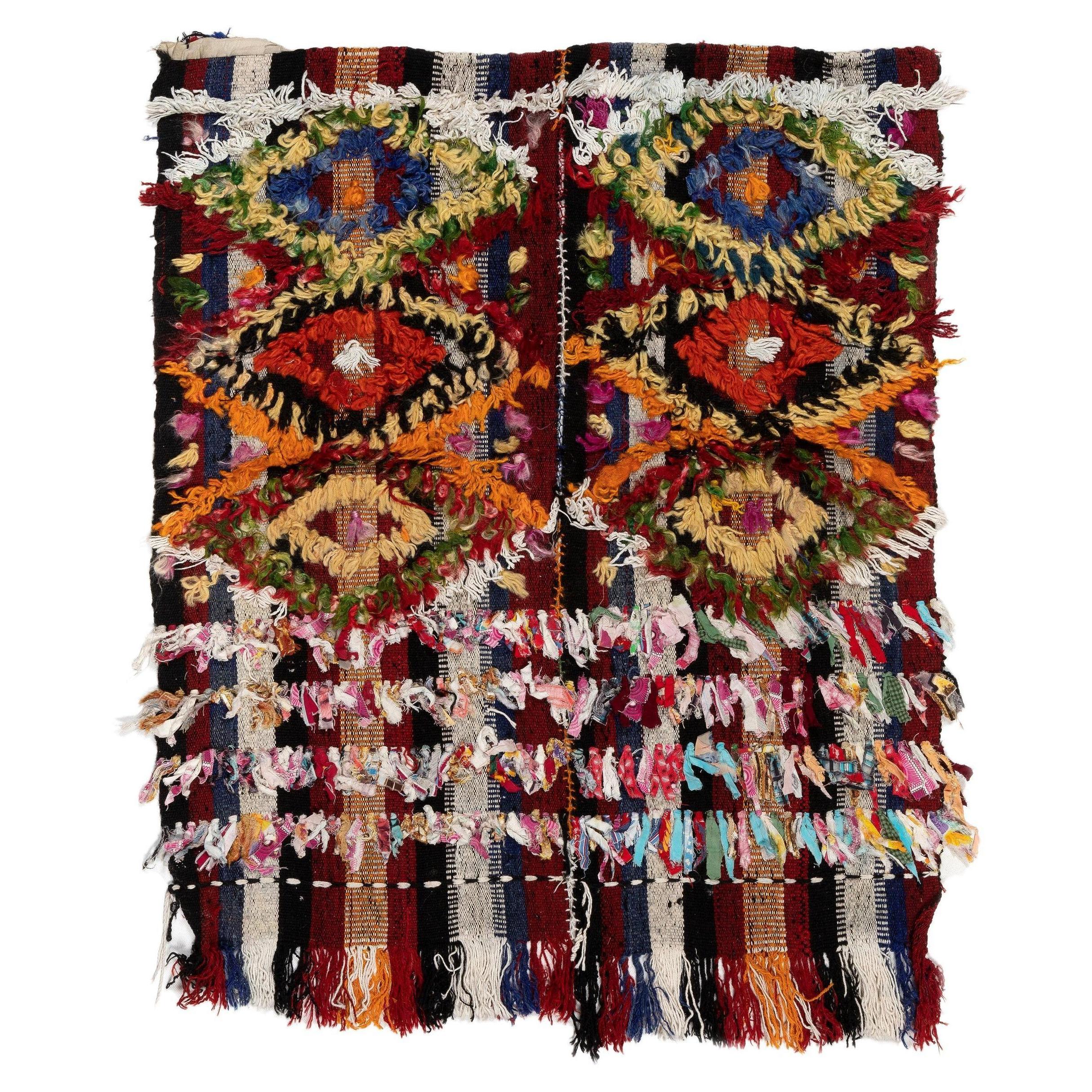 3x3.4 ft Hand-Woven Vintage Anatolian Wall Hanging Kilim with Colorful Poms For Sale