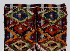 3x3.5 Ft Handwoven Kilim with Colorful Cotton Pomps. Vintage Wall Hanging