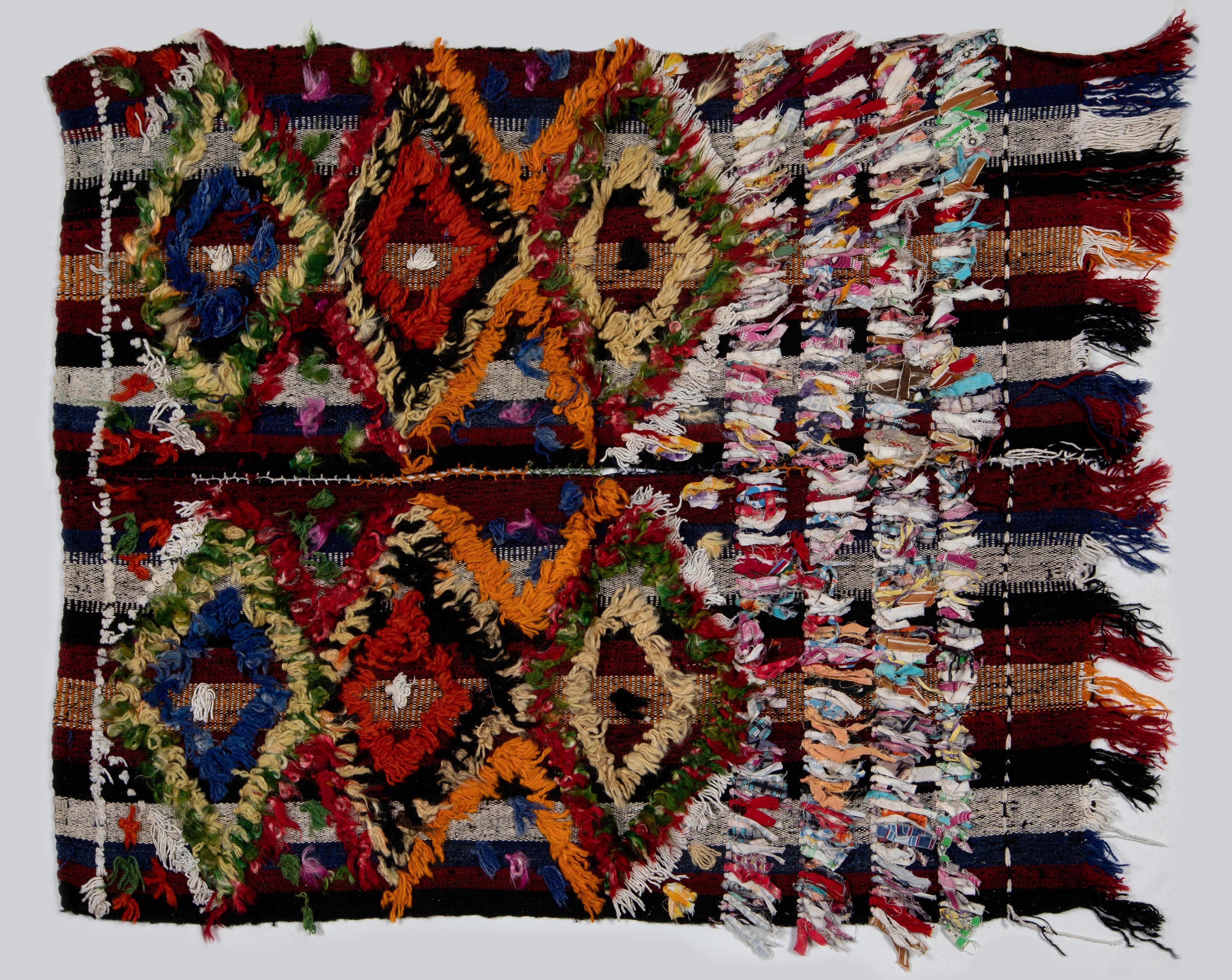 Hand-Woven 3x3.5 Ft Handmade Turkish 1970s Kilim with Colorful Poms. Bed, Floor, Sofa Cover For Sale