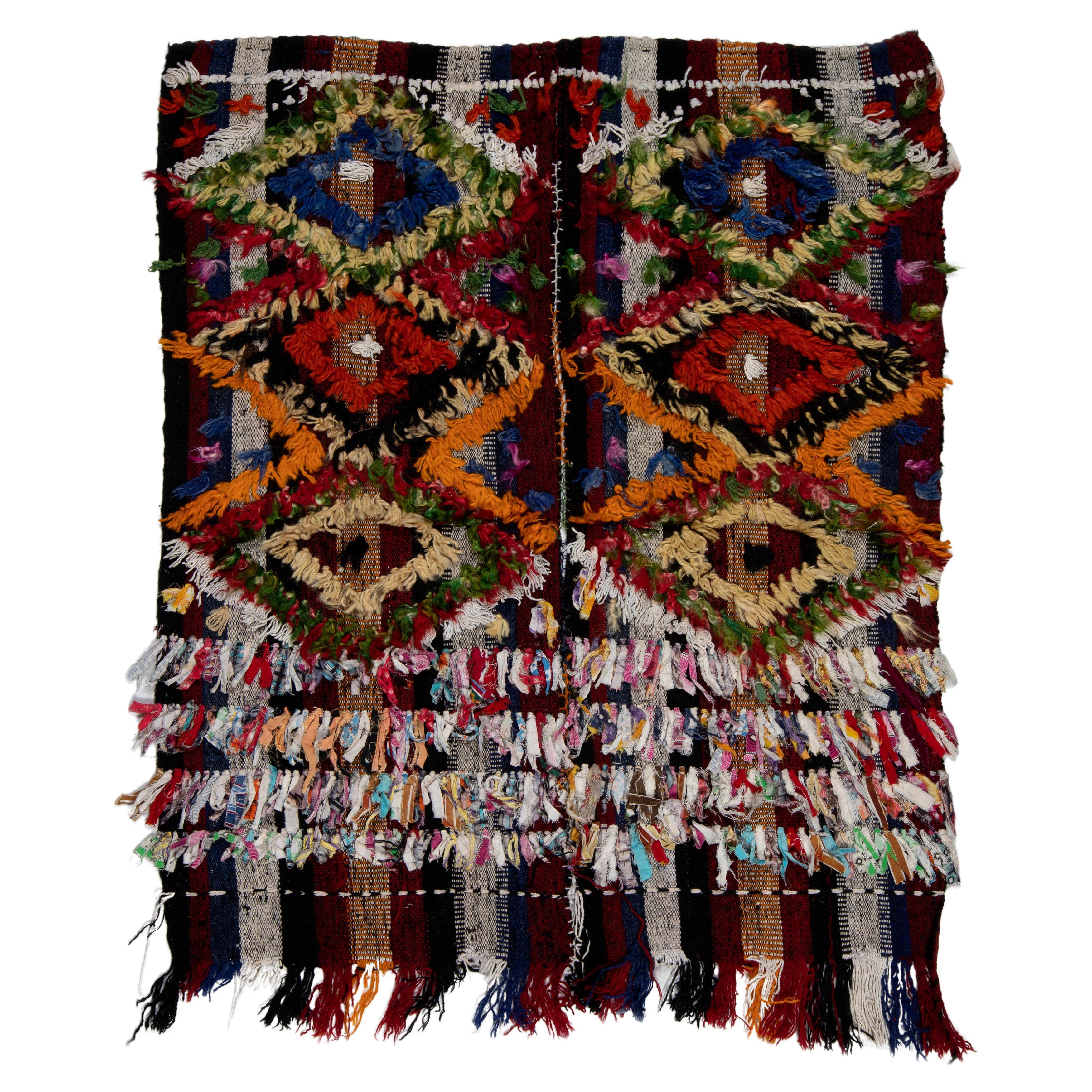3x3.5 Ft Handmade Turkish 1970s Kilim with Colorful Poms. Bed, Floor, Sofa Cover For Sale