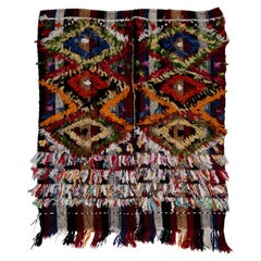 3x3.5 Ft Handmade Turkish 1970s Kilim with Colorful Poms. Bed, Floor, Sofa Cover