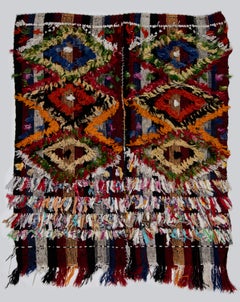 3x3.5 Ft Handwoven Wool Kilim Rug. Vintage Wall Hanging with colorful Pom Poms