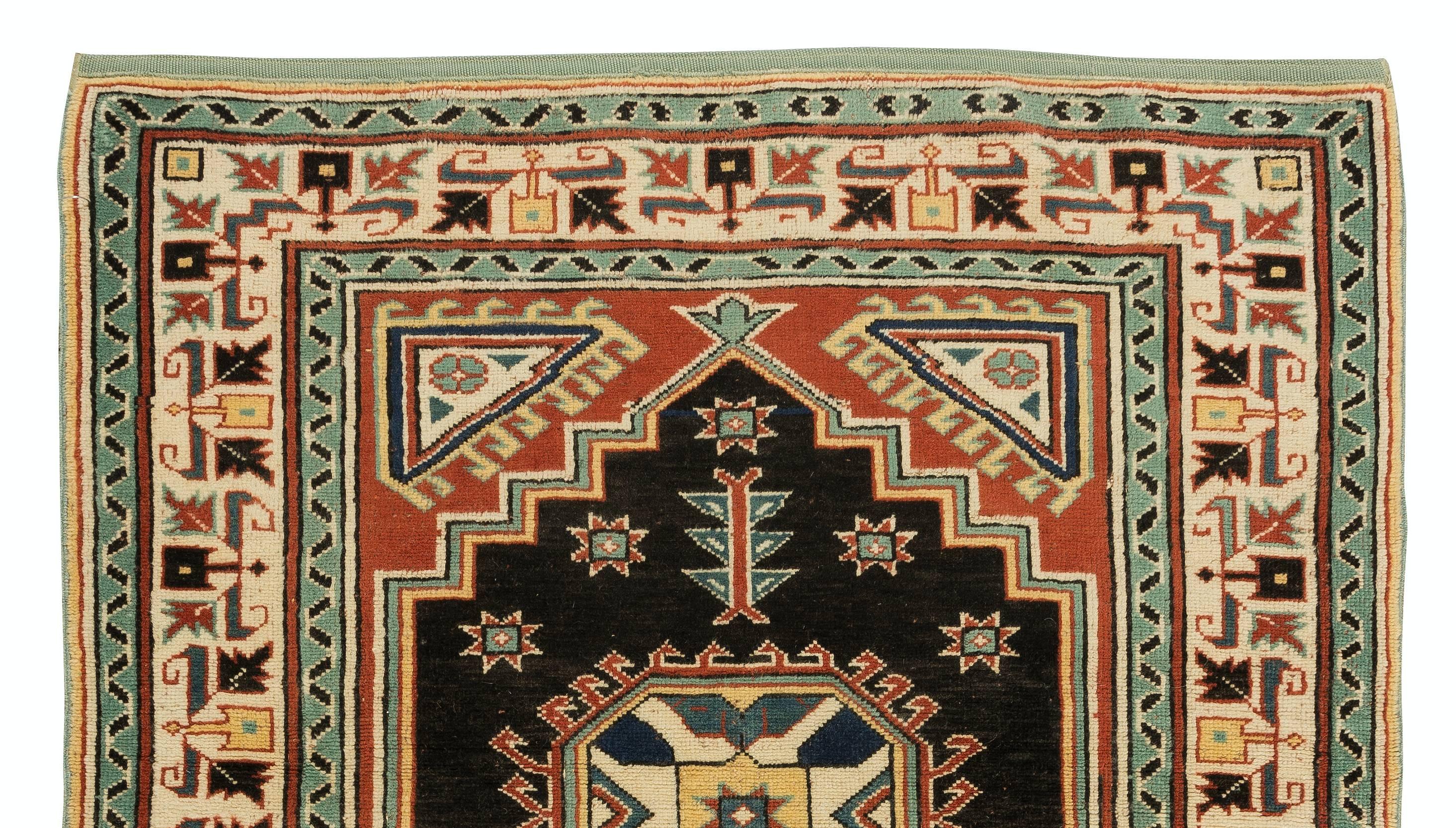 Turkish 3x3.5 Ft One-of-a-Kind Geometric Hand Knotted Vintage Accent Rug from Turkey For Sale