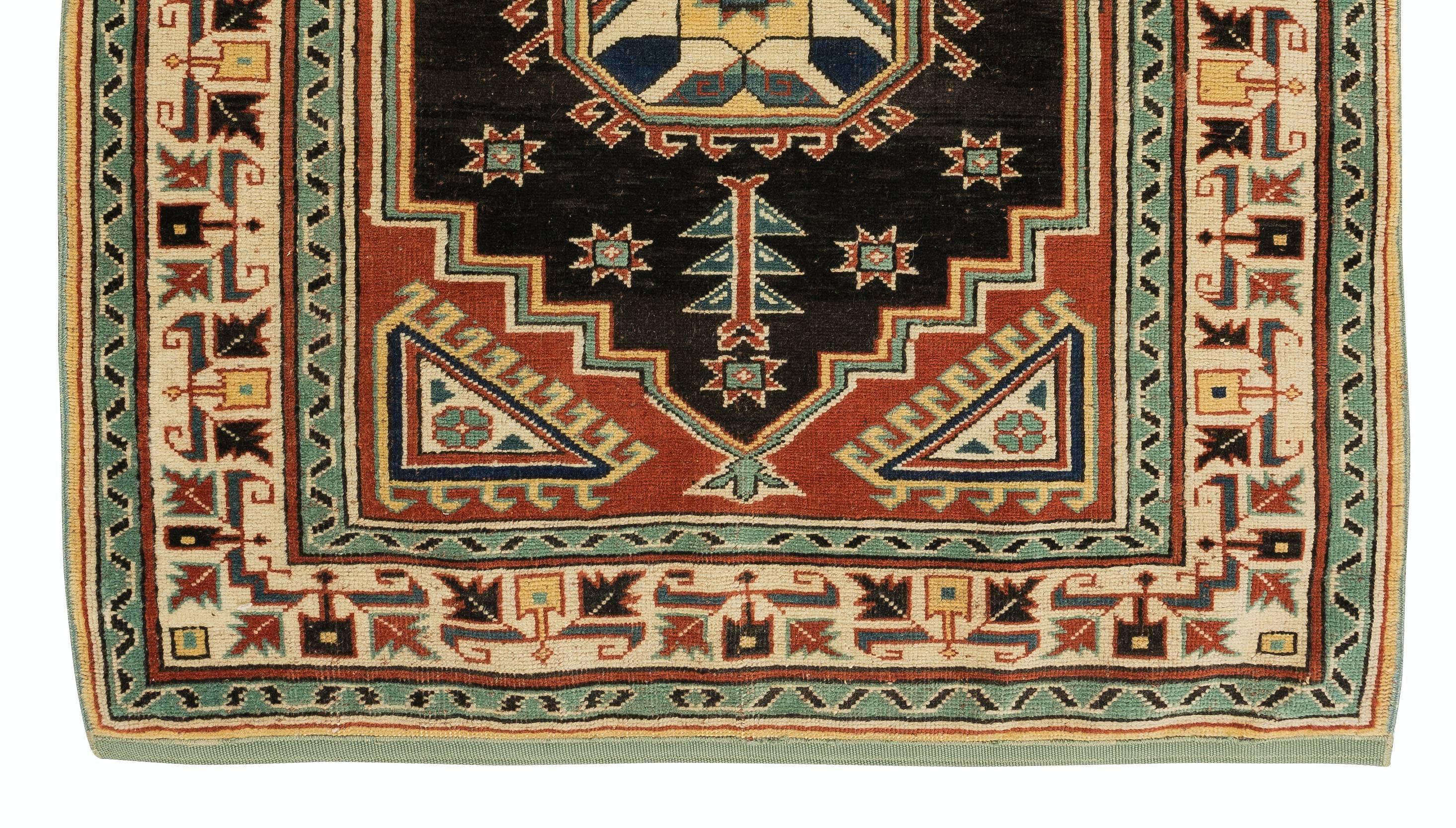 Hand-Knotted 3x3.5 Ft One-of-a-Kind Geometric Hand Knotted Vintage Accent Rug from Turkey For Sale
