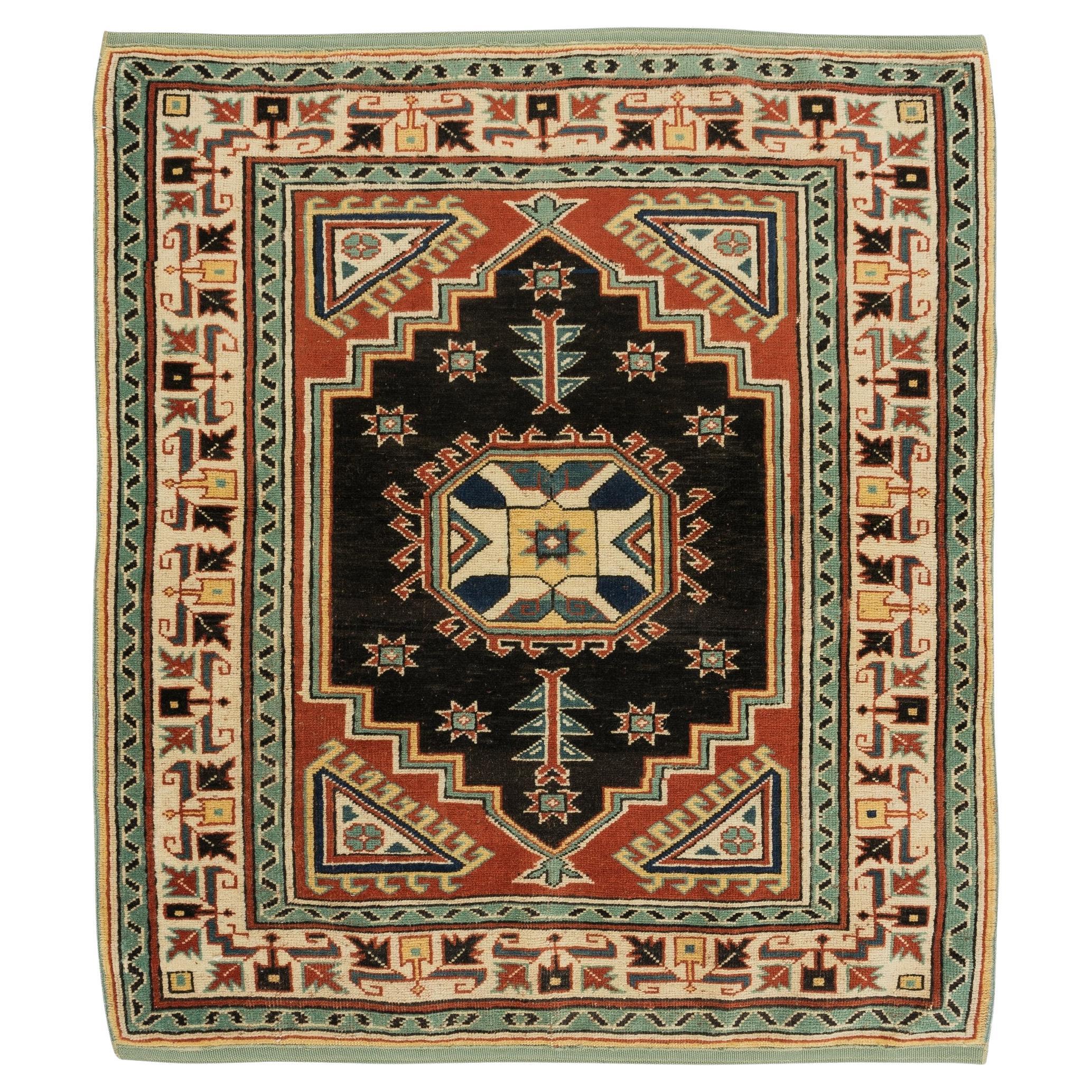 3x3.5 Ft One-of-a-Kind Geometric Hand Knotted Vintage Accent Rug from Turkey
