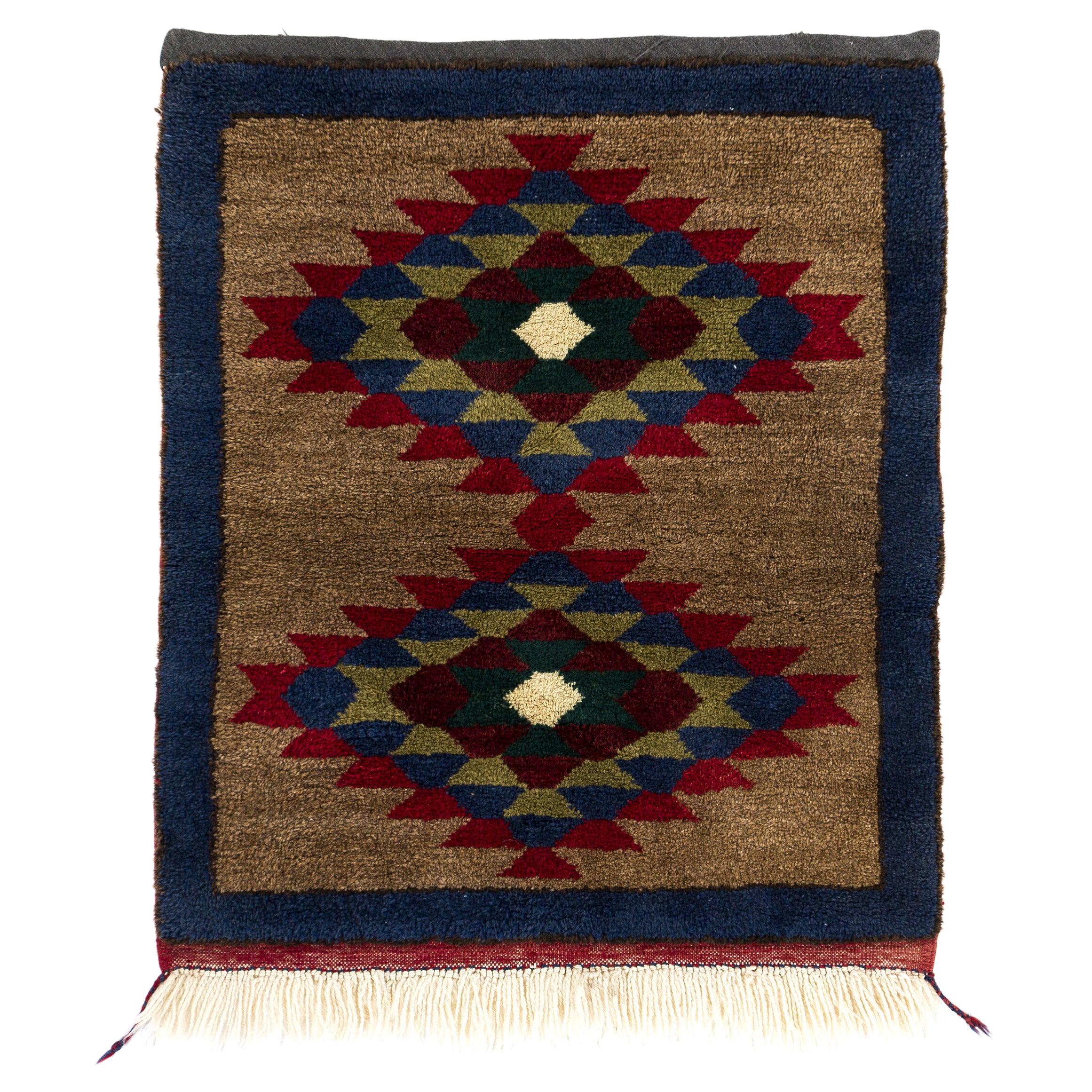 3x3.6 Ft Vintage Hand-Knotted "Tulu" Accent Rug with Geometric Design, All Wool For Sale