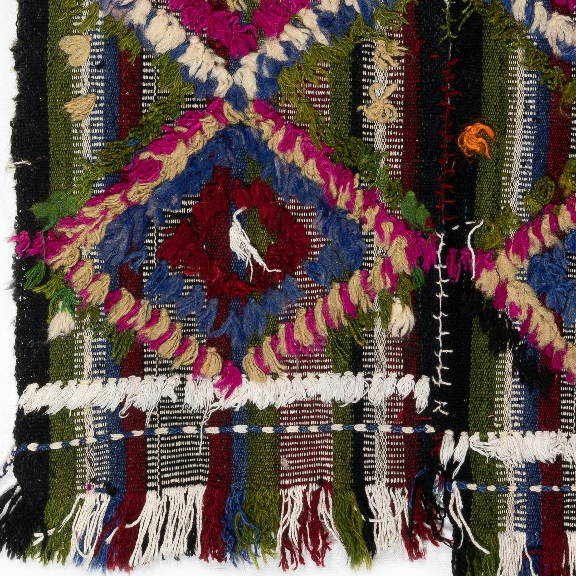 Hand-Woven 3x3.8 Ft Handmade 1970s Turkish Kilim Rug with Colorful Poms, Great for KidsRoom For Sale