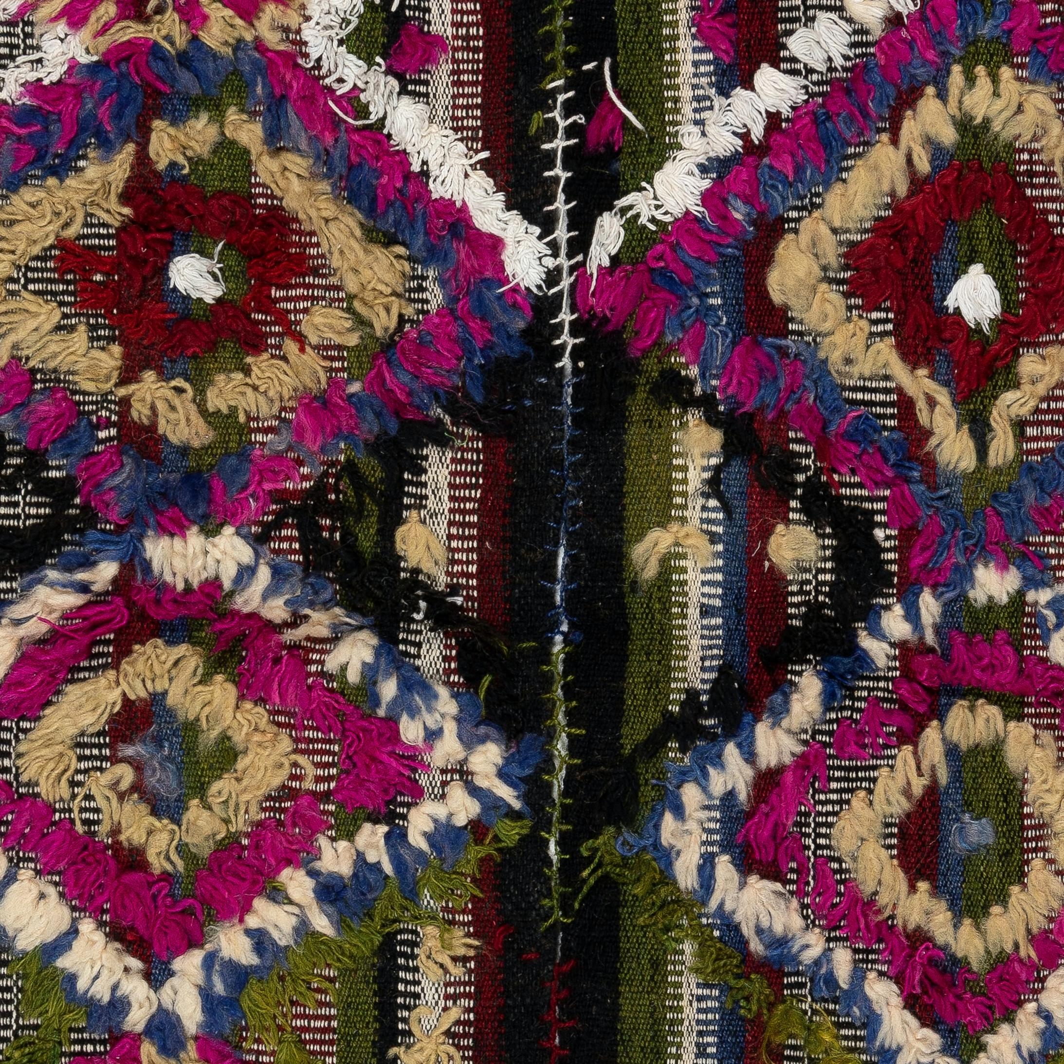 Late 20th Century 3x3.8 Ft Handmade 1970s Turkish Kilim Rug with Colorful Poms, Great for KidsRoom For Sale