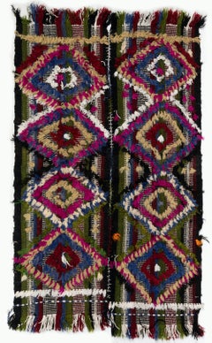 3x3.8 Ft Handmade 1970s Turkish Kilim Rug with Colorful Poms, Great for KidsRoom