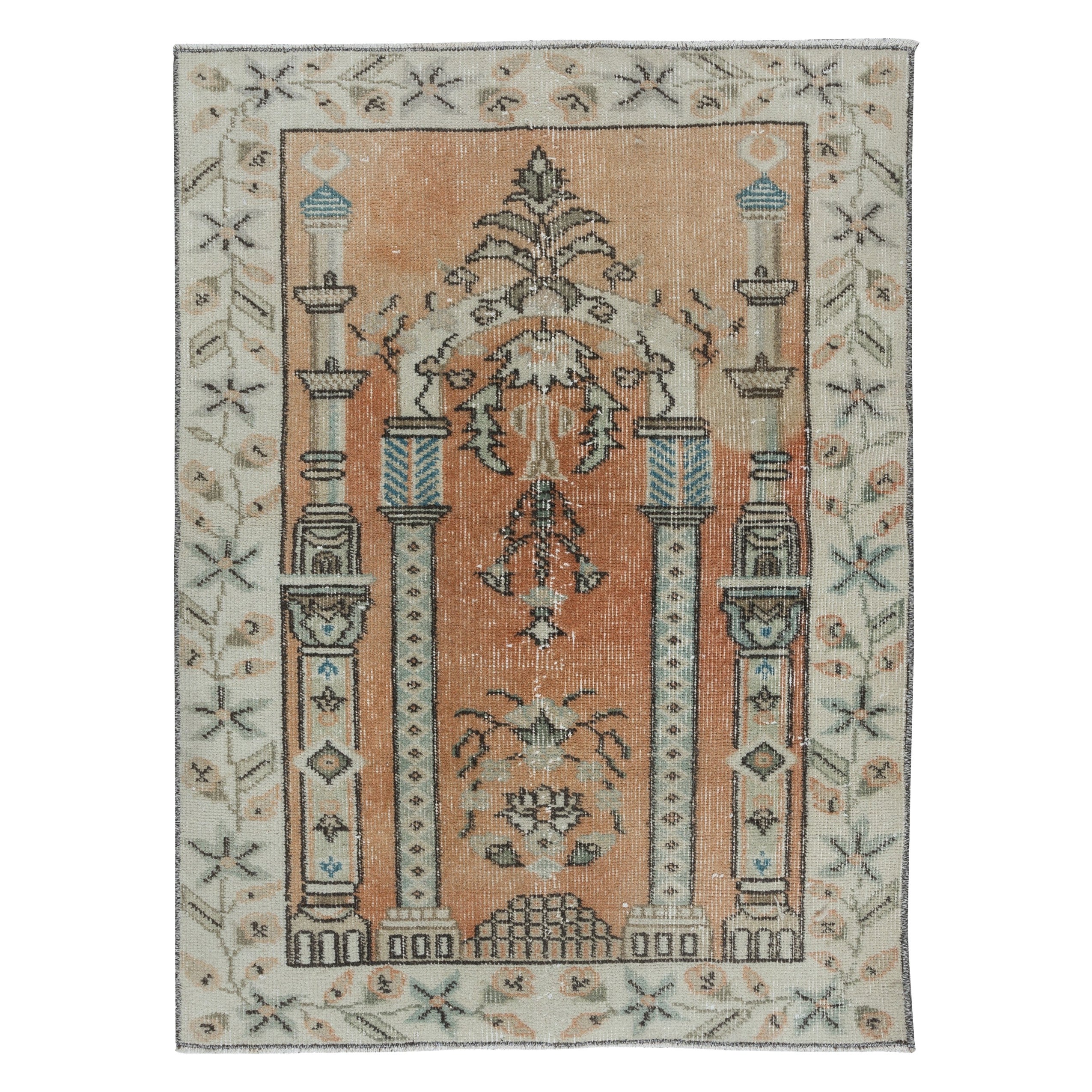 Tappeto da preghiera vintage 3x3.8 Ft in morbido rosso e beige, piccolo tappeto turco fatto a mano in vendita