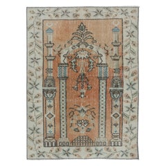 3x3.8 Ft Vintage Prayer Rug in Soft Red & Beige, Handmade Turkish Small Rug
