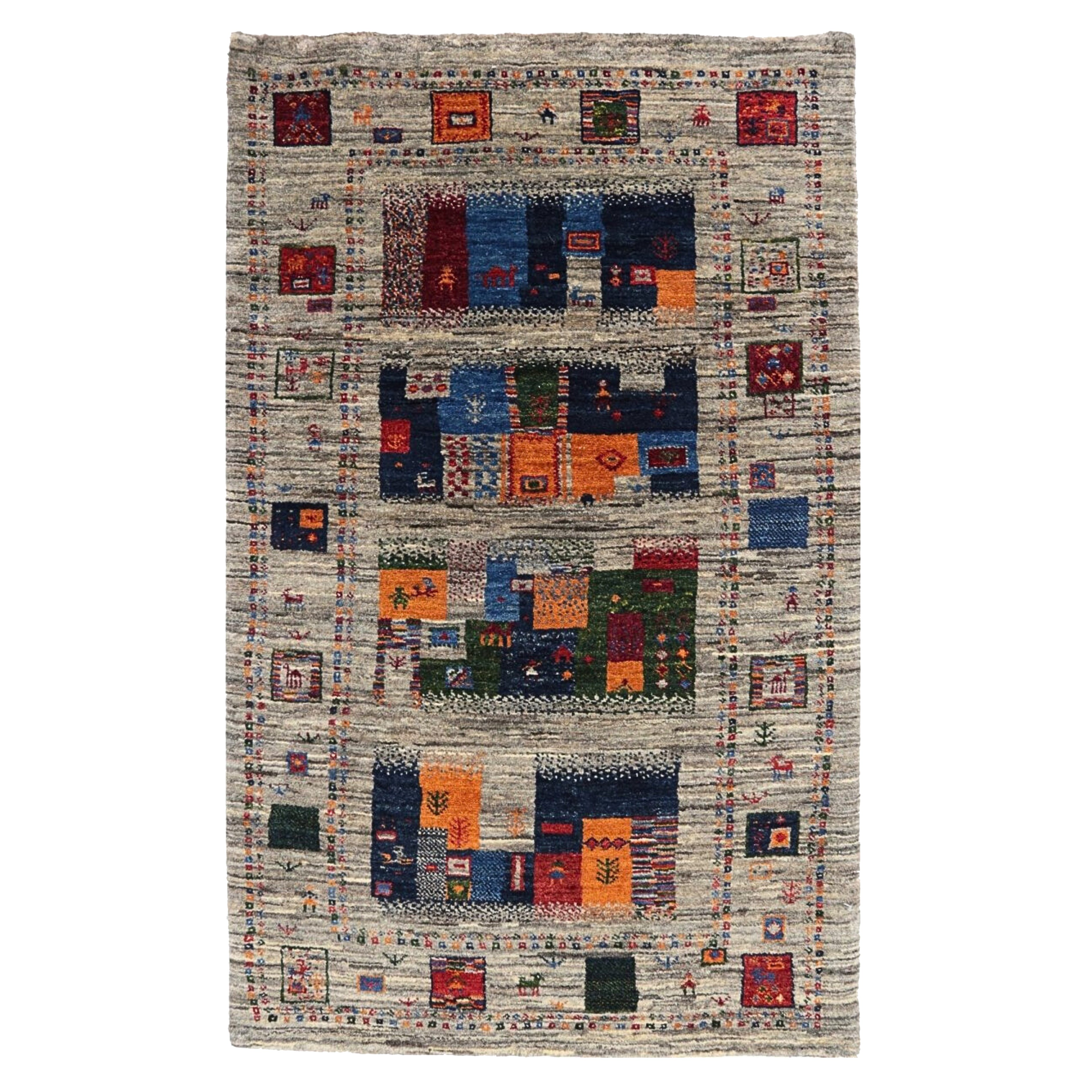 3x4 Hand-Knotted Gray Gabbeh Area Rug, Wool, Geometric Design