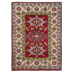 3
x4
 Red Kazak with Geometric Medallions Design Hand Knotted Soft Wool Rug