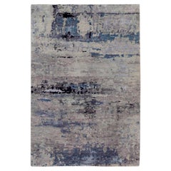 3'x4'10" Abstract Design Silver-Blue Modern Handknotted Wool & Silk Hi-Low Rug