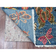 3'x4'10" Blue Afghan Peshawar Colorful Butterfly Design Wool Hand Knotted Rug