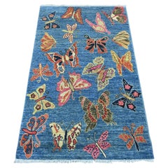 3'x4'10" Blue Afghan Peshawar Colorful Butterfly Design Wool Hand Knotted Rug