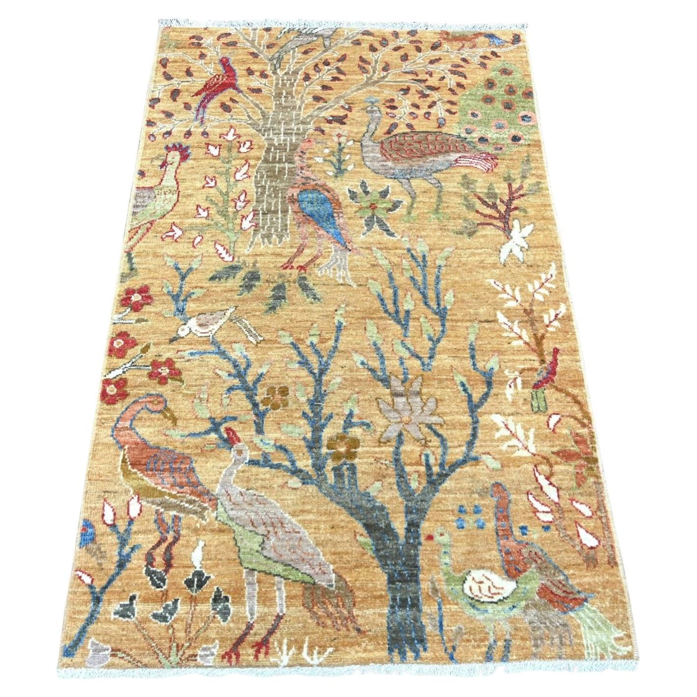 3'x4'10" Brown Peshawar Birds of Paradise Design Hand Knotted Wool Oriental Rug