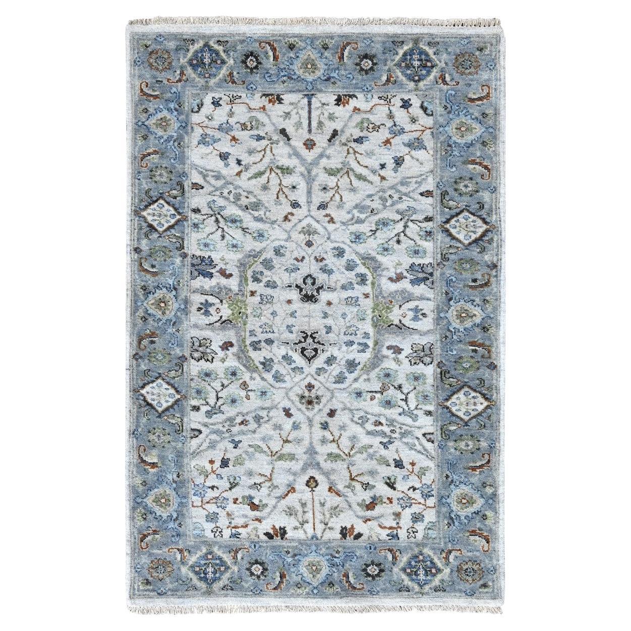 3'x4'10" Chiffon White Hand Knotted Oushak with Floral Motifs Pure Wool Rug For Sale