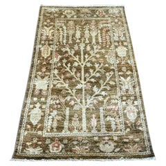 3'x4'10" Coffee Brown Afghan Angora Oushak Tree Design Tapis en laine noué à la main