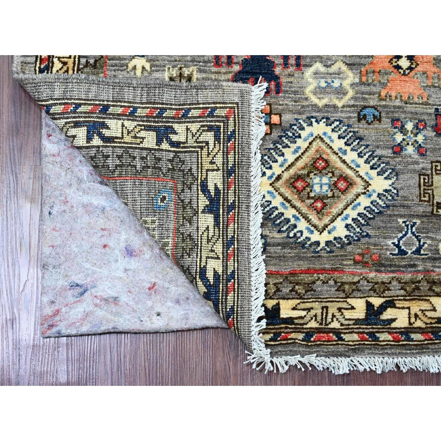 Sonic Gray, Aryana Grade, Caucasian Inspired Antiqued Design, High Mountain Wool, Hand Knotted, Vegetable Dyes, Oriental Rug
Primary materials: Wool
Latex: No Pile 
height: 0.25 Inches
Style: Transitional
Primary color: Grey
Secondary colors: Blue,